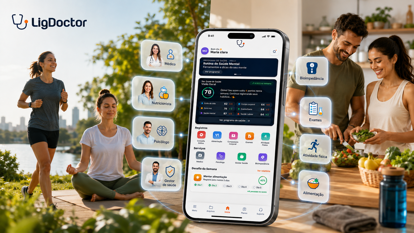 Ecossistema LigDoctor Prevent conectando atividade física, equilíbrio, alimentação e acompanhamento profissional