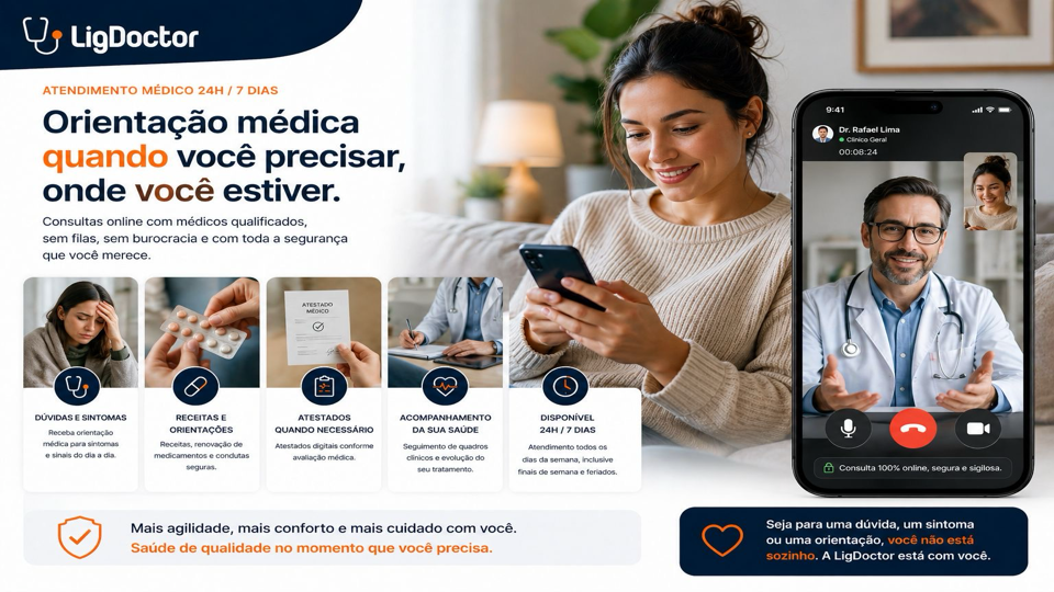 Atendimento médico LigDoctor por videochamada, disponível 24 horas por dia e 7 dias por semana