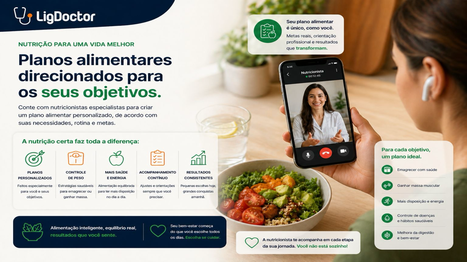 Planos alimentares personalizados e acompanhamento com nutricionista LigDoctor