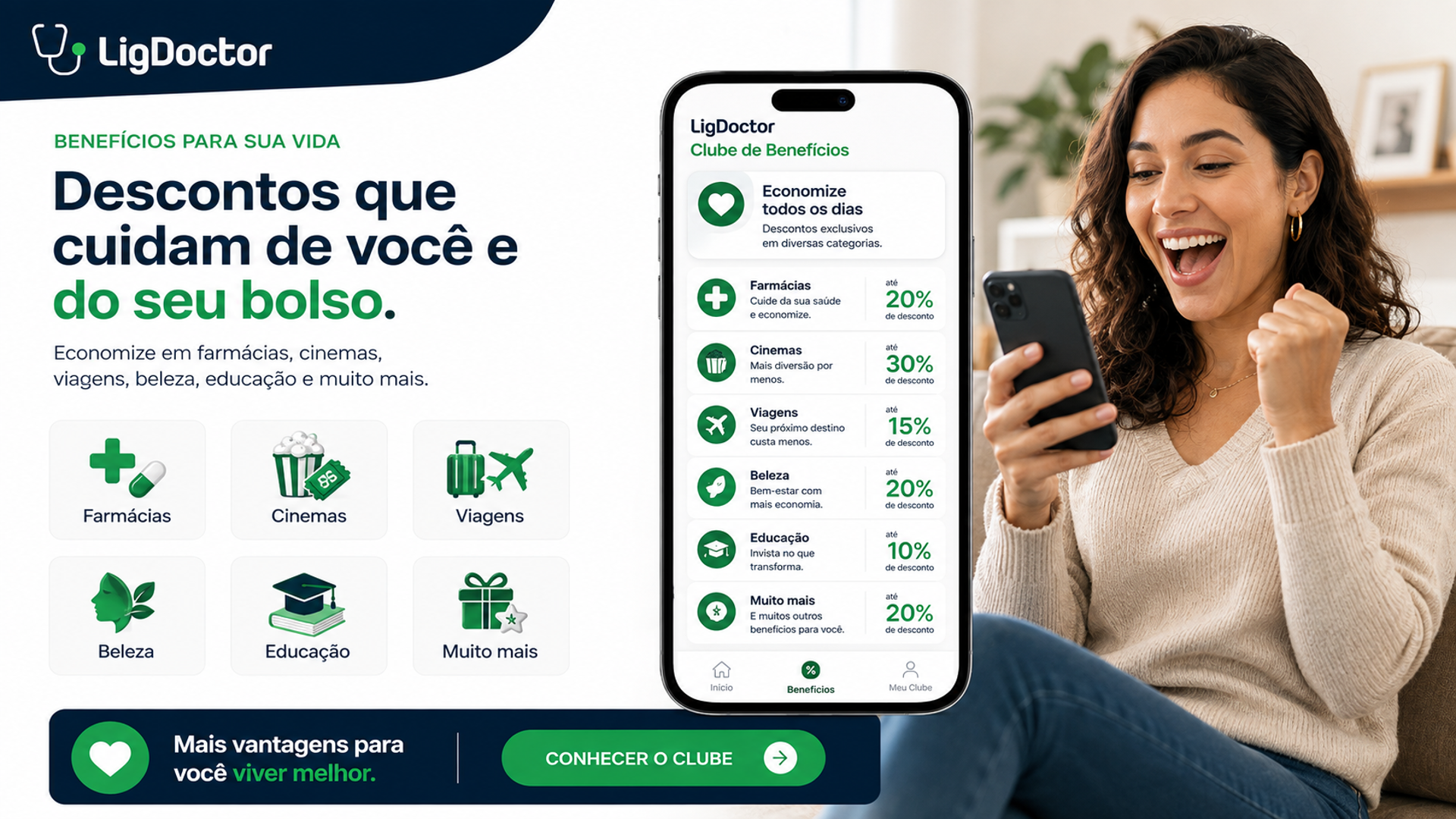 Clube de benefícios LigDoctor com descontos em farmácias, cinemas, viagens, beleza, educação e outras categorias